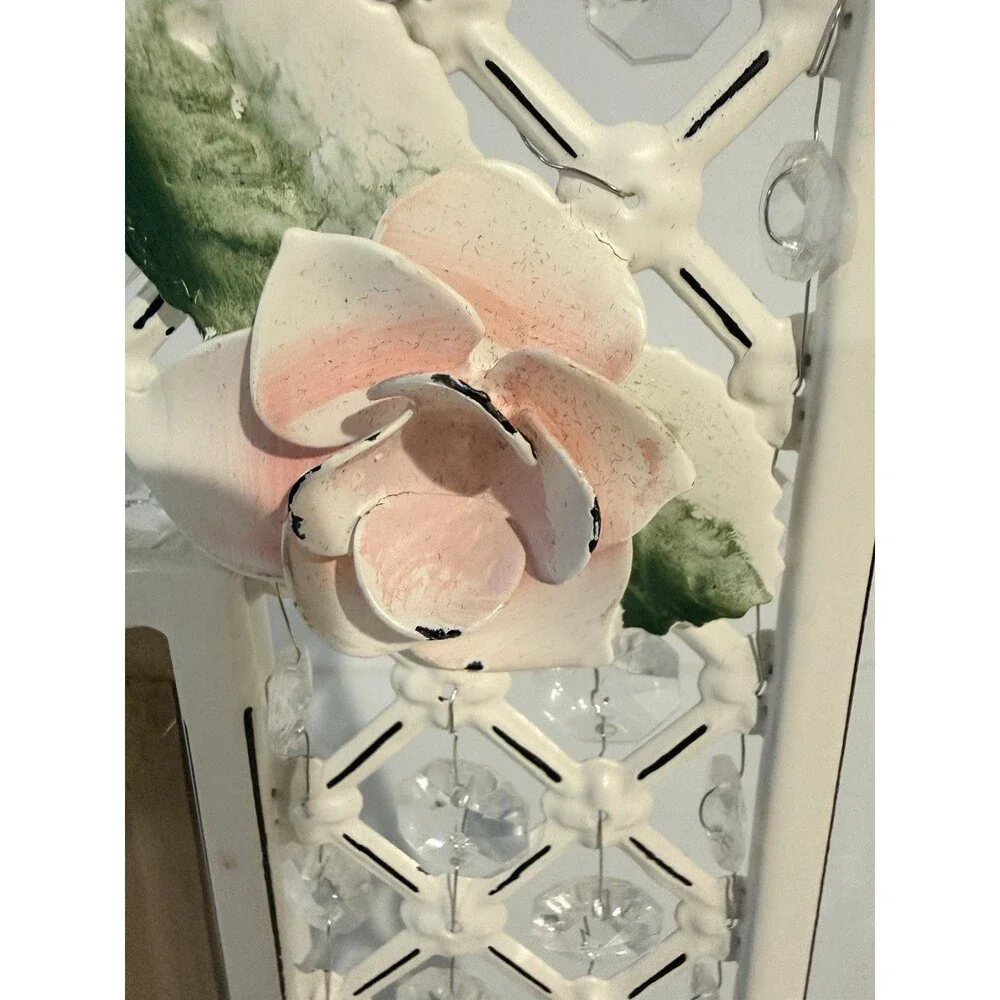 Vintage Interior Accents Shabby  Roses Photo Frame Crystal Beads Metal Floral